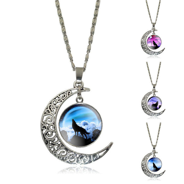 Silver Plated Glass  Cabochon Wolf Pendant