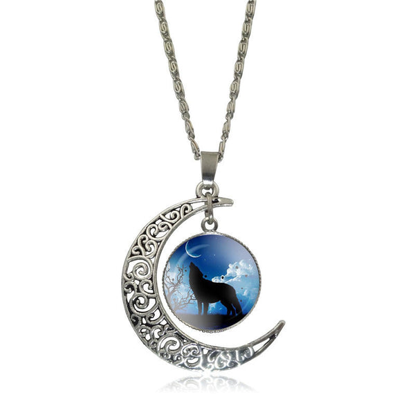 Silver Plated Glass  Cabochon Wolf Pendant