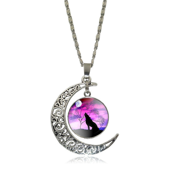 Silver Plated Glass  Cabochon Wolf Pendant