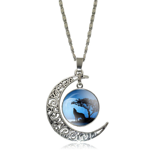 Silver Plated Glass  Cabochon Wolf Pendant