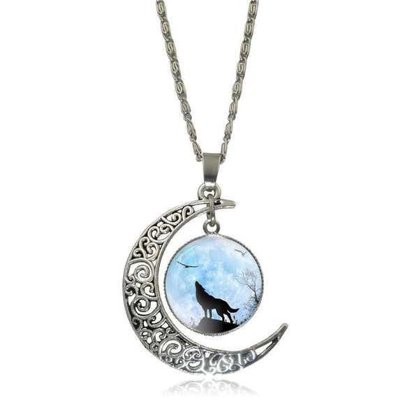 Silver Plated Glass  Cabochon Wolf Pendant