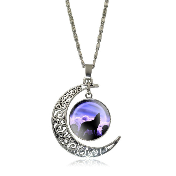 Silver Plated Glass  Cabochon Wolf Pendant