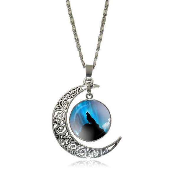 Silver Plated Glass  Cabochon Wolf Pendant