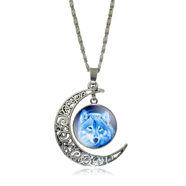 Silver Plated Glass  Cabochon Wolf Pendant