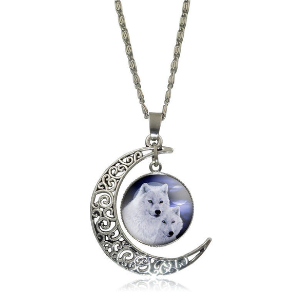 Silver Plated Glass  Cabochon Wolf Pendant