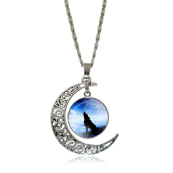 Silver Plated Glass  Cabochon Wolf Pendant