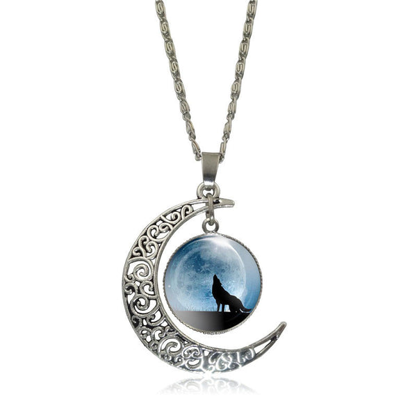 Silver Plated Glass  Cabochon Wolf Pendant