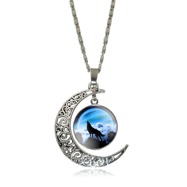 Silver Plated Glass  Cabochon Wolf Pendant