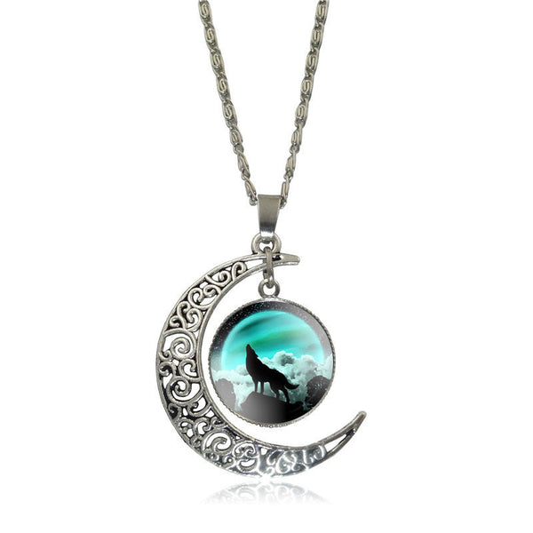 Silver Plated Glass  Cabochon Wolf Pendant